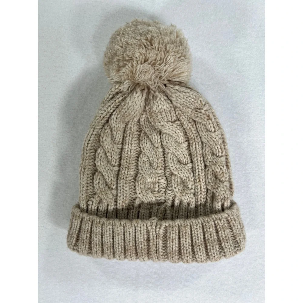 Frye Womens Tan Cable Knit Pom Pom Beanie Hat Brown Winter Hat Cabin Cozy